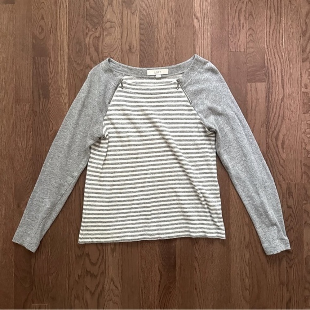 NFS.  LOFT zipper shoulder gray and white/ivory stripe cotton sweater size XS